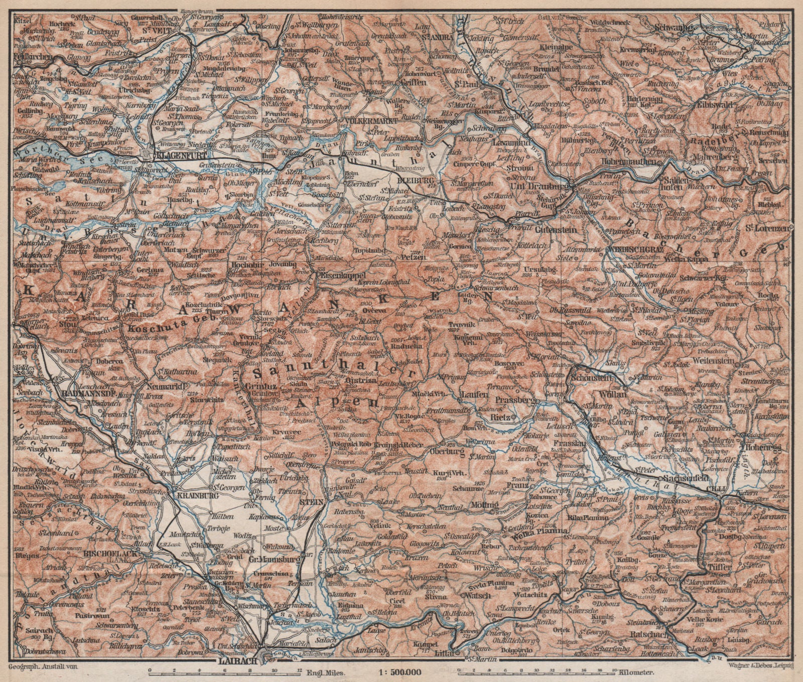 KARAWANKEN & SANNTHALER ALPEN. Klagenfurt Ljubljana Kranj. Carinthia 1896 map